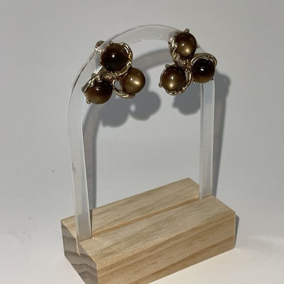 Vintage Jewelry Gold Toned tigers eye Brown Stone Clip On Earrings Cluster B#18 - Picture 8 of 13